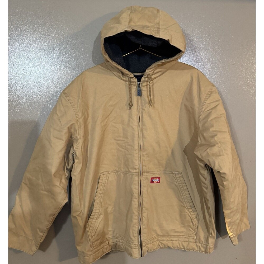 Dickies Hooded Work Jacket Mens L Brown Sherpa Lined Duck Canvas Full Zip Coat